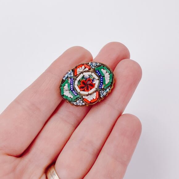 Vintage 1950s Italy Micro Mosaic Glass Floral Oval Brooch Pin Made In Italy MCM - Picture 2 of 14